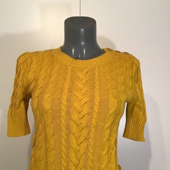 Banana Republic Short Sleeve Mustard Yellow Cable Knit Sweater Size XS - Picture 2 of 9